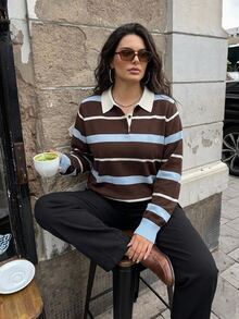 Dazy Plus Autumn/Winter New Loose Business Casual Striped Color Block Patchwork Pullover Knit Sweater - Brown - View 8
