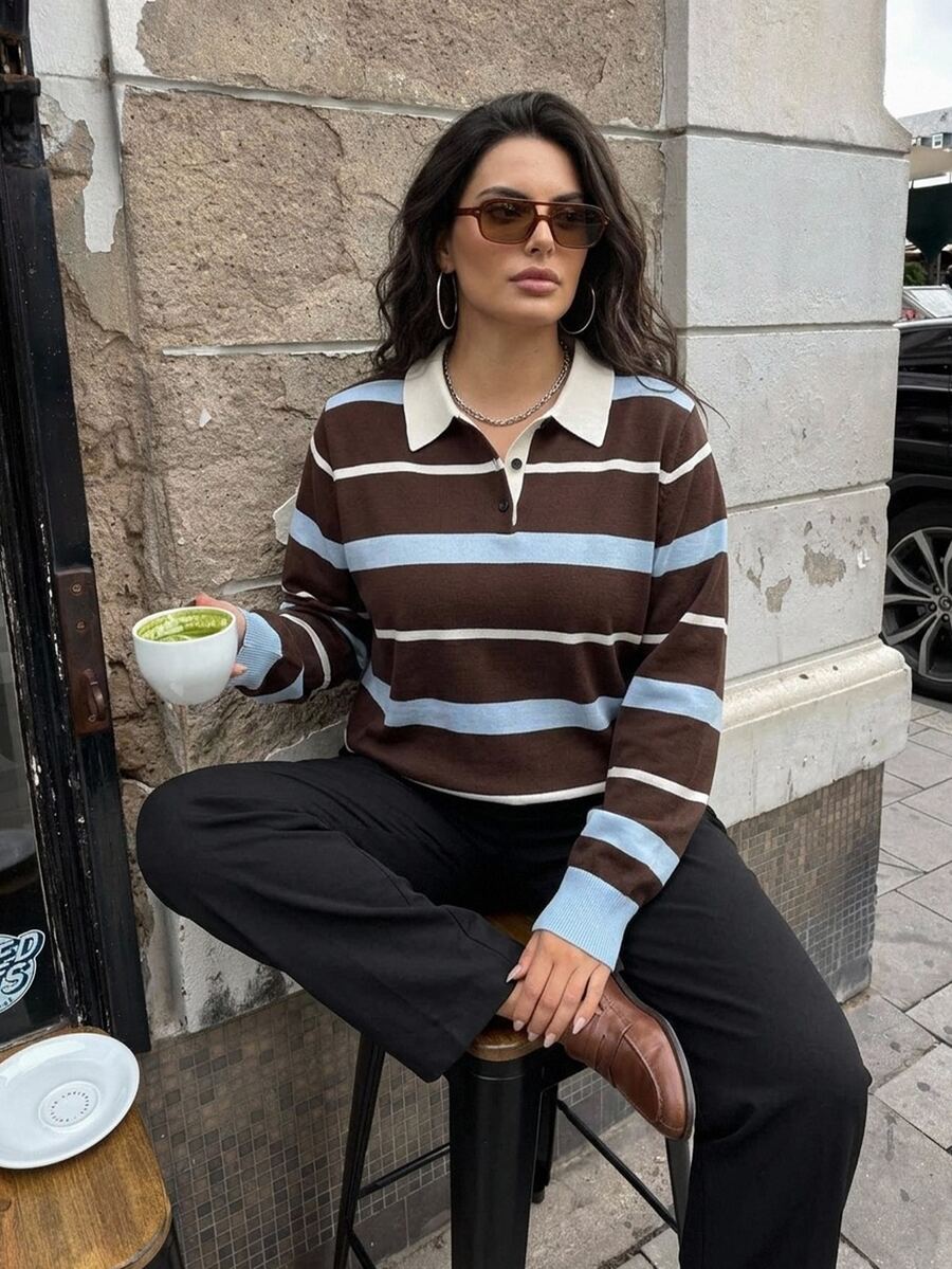 Dazy Plus Autumn/Winter New Loose Business Casual Striped Color Block Patchwork Pullover Knit Sweater - Brown - View 1