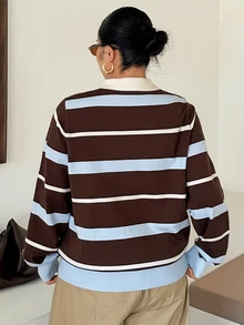 Dazy Plus Autumn/Winter New Loose Business Casual Striped Color Block Patchwork Pullover Knit Sweater - Brown - View 2