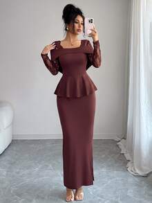 Modelyn 性感蕾絲拼接方領露背長袖荷葉邊上衣修身緊身開衩裙女款優雅兩件套 - 棕色 - 查看 9