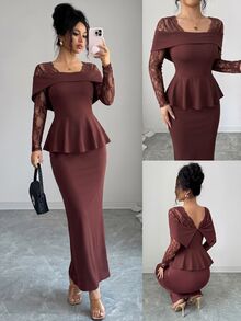 Modelyn 性感蕾絲拼接方領露背長袖荷葉邊上衣修身緊身開衩裙女款優雅兩件套 - 棕色 - 查看 5