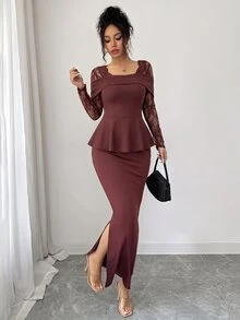 Modelyn 性感蕾絲拼接方領露背長袖荷葉邊上衣修身緊身開衩裙女款優雅兩件套 - 棕色 - 查看 8