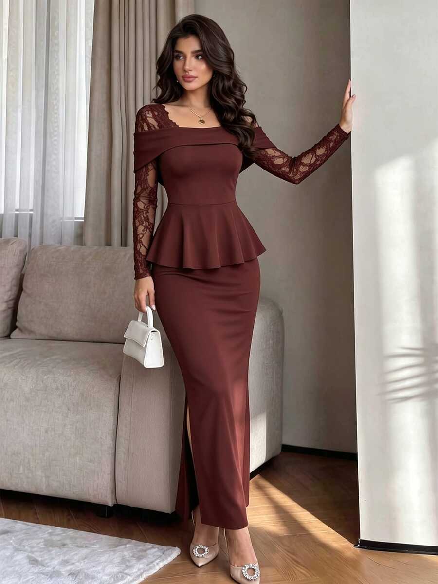 Modelyn 性感蕾絲拼接方領露背長袖荷葉邊上衣修身緊身開衩裙女款優雅兩件套