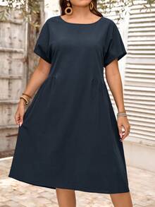 EMERY ROSE Plus Size Women's Navy Solid Ruffle Trim Raglan Sleeve Round Neck Pleated A-Line Midi Dress Casual Vacation Fall Fashion 2026 - Navy Blue - View 4