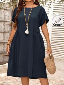 EMERY ROSE Plus Size Women's Navy Solid Ruffle Trim Raglan Sleeve Round Neck Pleated A-Line Midi Dress Casual Vacation Fall Fashion 2026 - Navy Blue - View 1