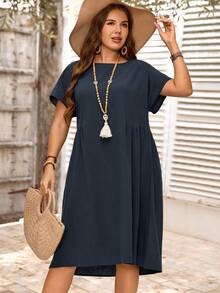 EMERY ROSE Plus Size Women's Navy Solid Ruffle Trim Raglan Sleeve Round Neck Pleated A-Line Midi Dress Casual Vacation Fall Fashion 2026 - Navy Blue - View 6