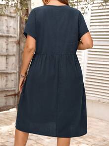 EMERY ROSE Plus Size Women's Navy Solid Ruffle Trim Raglan Sleeve Round Neck Pleated A-Line Midi Dress Casual Vacation Fall Fashion 2026 - Navy Blue - View 2