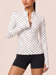SHEIN BAE 波點印花前拉鍊修身運動夾克 - 白色 - 查看 2