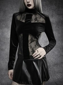 SHEIN ICON Autumn/Winter Black Gothic Style Velvet Lace Cross Patchwork Top, Halloween Outfit - Black - View 5