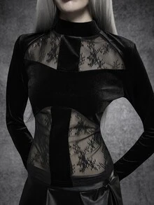 SHEIN ICON Autumn/Winter Black Gothic Style Velvet Lace Cross Patchwork Top, Halloween Outfit - Black - View 1