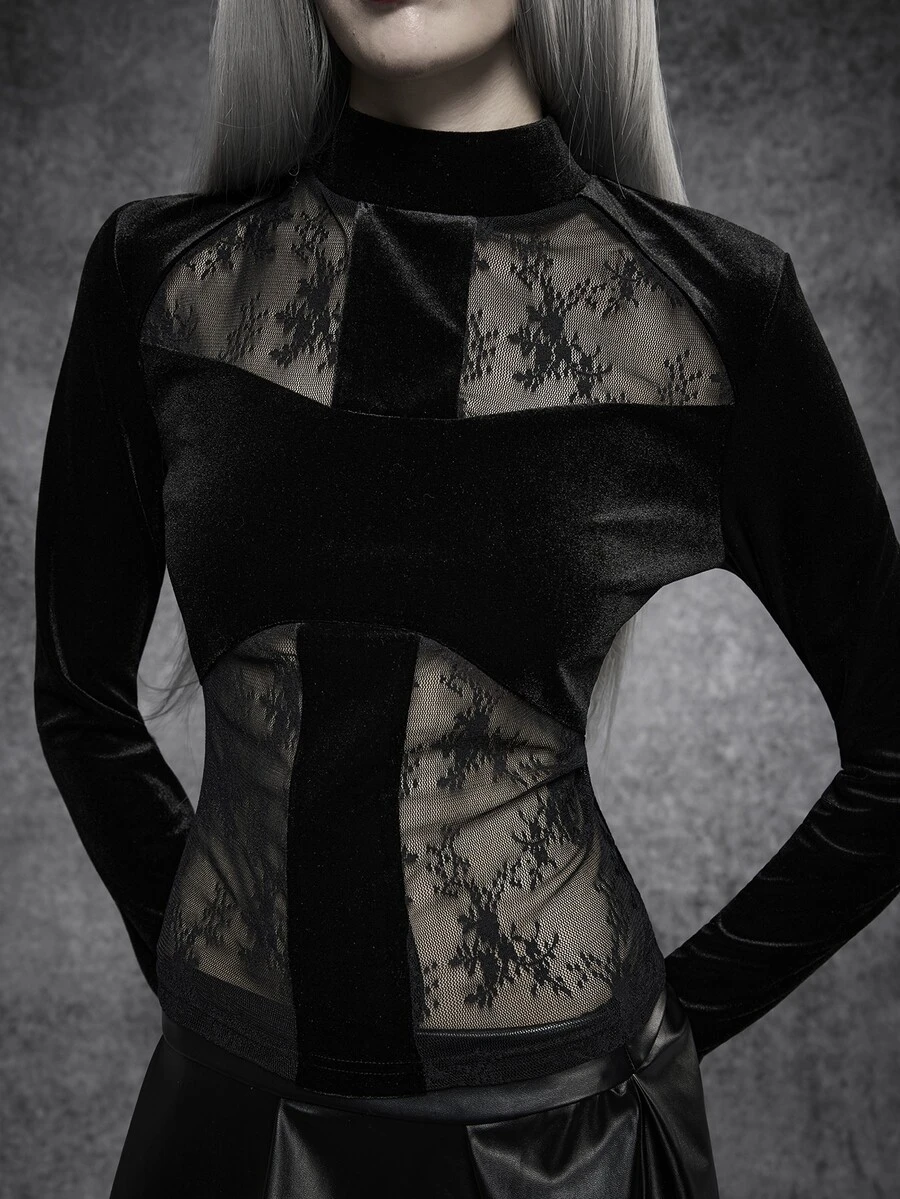 SHEIN ICON Autumn/Winter Black Gothic Style Velvet Lace Cross Patchwork Top, Halloween Outfit - Black - View 1