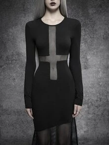 SHEIN ICON Autumn/Winter Black Gothic Mesh Cross Cotton High Elastic Long Dress Halloween Outfit - Black - View 5