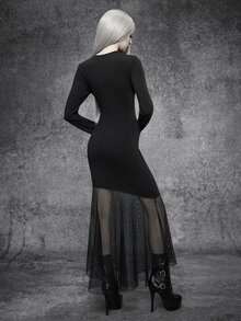 SHEIN ICON Autumn/Winter Black Gothic Mesh Cross Cotton High Elastic Long Dress Halloween Outfit - Black - View 2