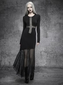 SHEIN ICON Autumn/Winter Black Gothic Mesh Cross Cotton High Elastic Long Dress Halloween Outfit - Black - View 3