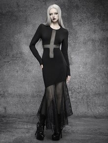 SHEIN ICON Autumn/Winter Black Gothic Mesh Cross Cotton High Elastic Long Dress Halloween Outfit - Black - View 1