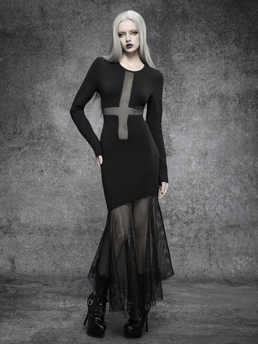 SHEIN ICON Autumn/Winter Black Gothic Mesh Cross Cotton High Elastic Long Dress Halloween Outfit - Black - View 1