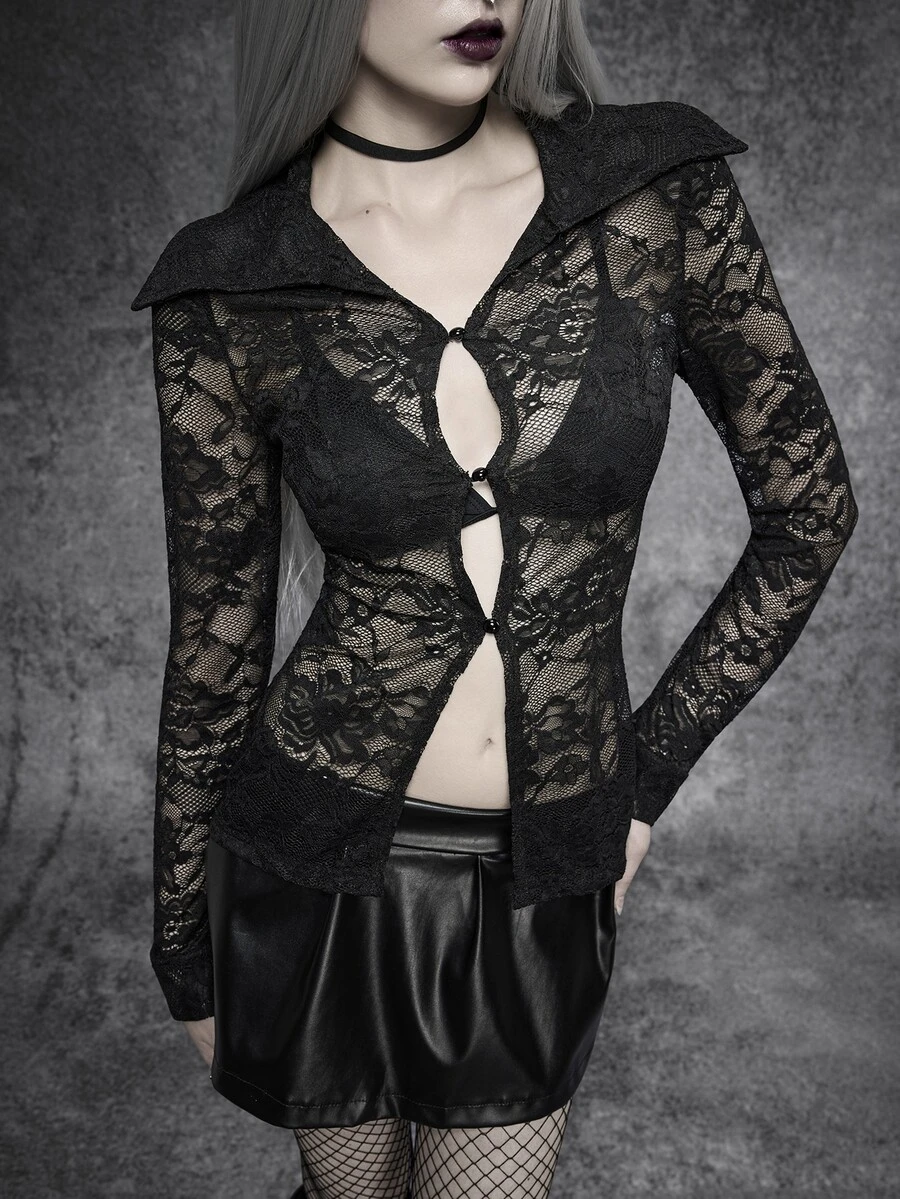 Cryptelle Autumn/Winter Women's Lace Waist-Cinching Long Sleeve Sexy Transparent Blouse, Gothic Dark Style Halloween Inner Layer - Black - View 1