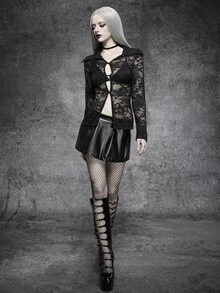 Cryptelle Autumn/Winter Women's Lace Waist-Cinching Long Sleeve Sexy Transparent Blouse, Gothic Dark Style Halloween Inner Layer - Black - View 6