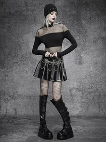 Cryptelle Women's Fall Black Gothic Goth Sexy Mesh Panel Mock Neck Long Sleeve Crop Top Halloween Outfit Y2K Night Club Clubbing Going Out Night Out Concert - Black - View 3