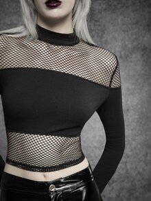 Cryptelle Women's Fall Black Gothic Goth Sexy Mesh Panel Mock Neck Long Sleeve Crop Top Halloween Outfit Y2K Night Club Clubbing Going Out Night Out Concert - Black - View 6