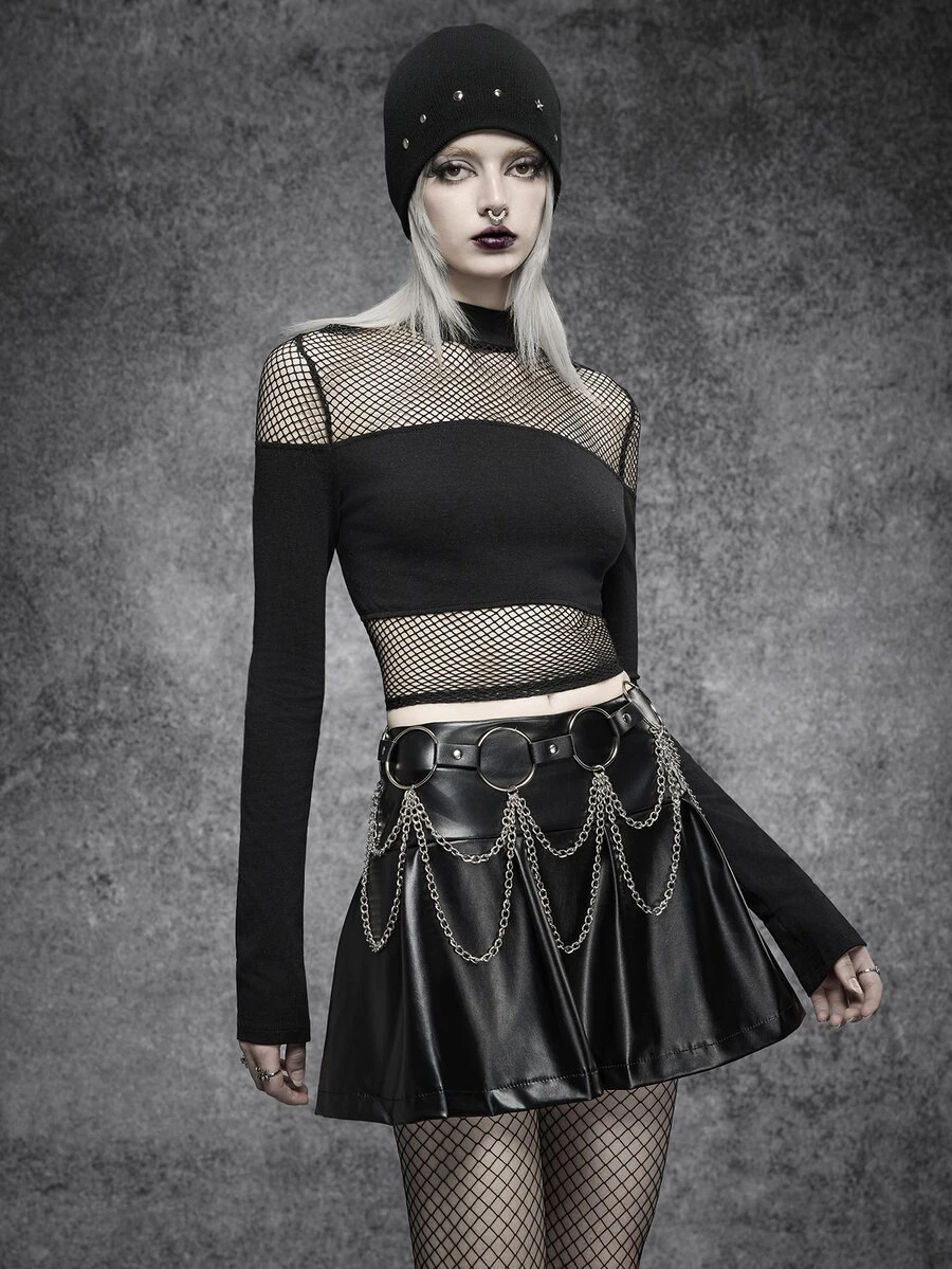 Cryptelle Women's Fall Black Gothic Goth Sexy Mesh Panel Mock Neck Long Sleeve Crop Top Halloween Outfit Y2K Night Club Clubbing Going Out Night Out Concert - Black - View 1