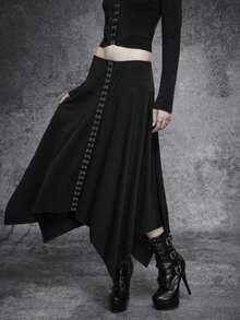 SHEIN ICON Women's Asymmetrical Hem Hook Button High Waist Mid-Length Skirt, Gothic Style, Versatile For Autumn/Winter And Halloween - Black - View 5