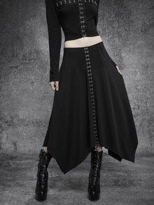SHEIN ICON Women's Asymmetrical Hem Hook Button High Waist Mid-Length Skirt, Gothic Style, Versatile For Autumn/Winter And Halloween - Black - View 1