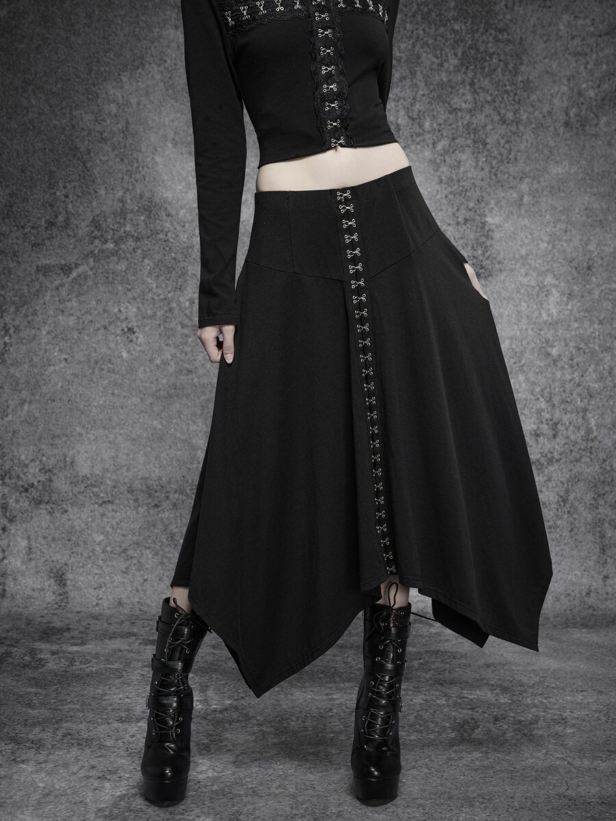 SHEIN ICON Women's Asymmetrical Hem Hook Button High Waist Mid-Length Skirt, Gothic Style, Versatile For Autumn/Winter And Halloween - Black - View 1