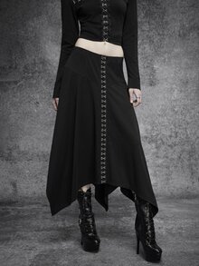 SHEIN ICON Women's Asymmetrical Hem Hook Button High Waist Mid-Length Skirt, Gothic Style, Versatile For Autumn/Winter And Halloween - Black - View 3