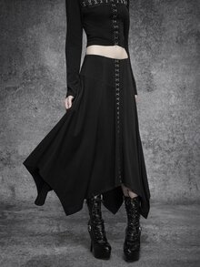 SHEIN ICON Women's Asymmetrical Hem Hook Button High Waist Mid-Length Skirt, Gothic Style, Versatile For Autumn/Winter And Halloween - Black - View 6