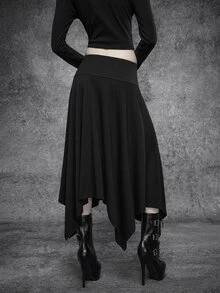 SHEIN ICON Women's Asymmetrical Hem Hook Button High Waist Mid-Length Skirt, Gothic Style, Versatile For Autumn/Winter And Halloween - Black - View 2