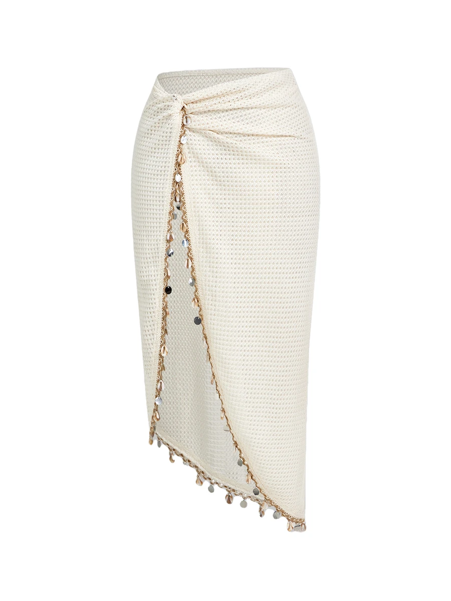 ROMWE Avant Y2K Vacation Retro Style Shell Decor Twist Asymmetric Hem Wrap Women Skirt - Apricot - View 1