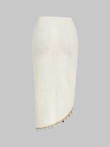 ROMWE Avant Y2K Vacation Retro Style Shell Decor Twist Asymmetric Hem Wrap Women Skirt - Apricot - View 3
