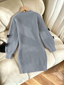Tween Girl Grey Bow Decor Elegant Knit Dress - Grey - View 2