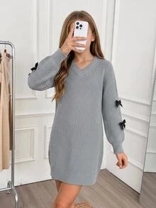 Tween Girl Grey Bow Decor Elegant Knit Dress - Grey - View 7