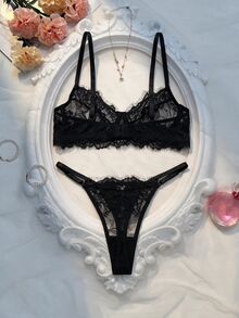 Crystal Vow 两件套玫瑰红成熟性感蕾丝拼接内衣套装 - 黑色 - 查看 2