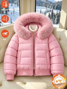 SHEIN 女童時尚加厚棉襖外套，長袖，抓絨，大毛領加厚連帽棉襖，兒童冬季外套 - 淺粉色 - 查看 3