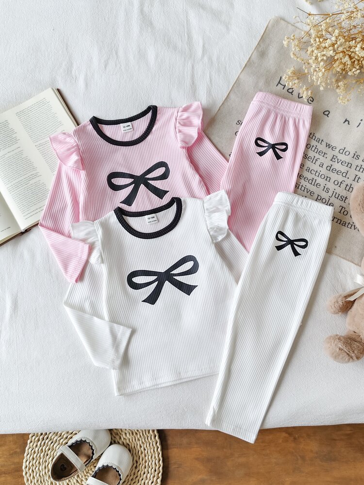 SHEIN Playful Pals 2 Sets Baby Toddler Girls T-Shirt And Pants Cute Sweet Pink White Bow Ruffle Ribbed Long Sleeve Round Neck Regular Birthday Autumn Cozy Princess Play - Multicolor - View 10