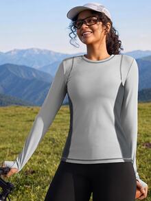 Exploreva Exploreva Casual Color Block Splice Long Sleeve Elastic Skin-Friendly Outdoor T-Shirt - Grey - View 1