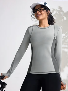 Exploreva Exploreva Casual Color Block Splice Long Sleeve Elastic Skin-Friendly Outdoor T-Shirt - Grey - View 3
