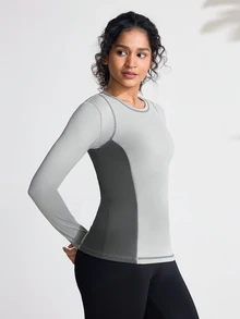 Exploreva Exploreva Casual Color Block Splice Long Sleeve Elastic Skin-Friendly Outdoor T-Shirt - Grey - View 4