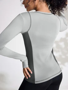 Exploreva Exploreva Casual Color Block Splice Long Sleeve Elastic Skin-Friendly Outdoor T-Shirt - Grey - View 2
