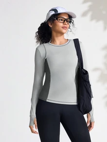 Exploreva Exploreva Casual Color Block Splice Long Sleeve Elastic Skin-Friendly Outdoor T-Shirt - Grey - View 10