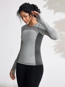 Exploreva Exploreva Casual Color Block Splice Long Sleeve Elastic Skin-Friendly Outdoor T-Shirt - Grey - View 5