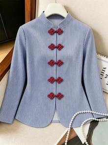 SHEIN LUNE CURVE 2026 New Spring/Autumn Plus Size Women's French Street Style New Chinese Style Stand Collar Blazer, Niche Design Solid Color Chinese Style Frog Button Commuter Jacket, Suitable For Spring/Autumn Daily Commute Wear - Grey - View 7