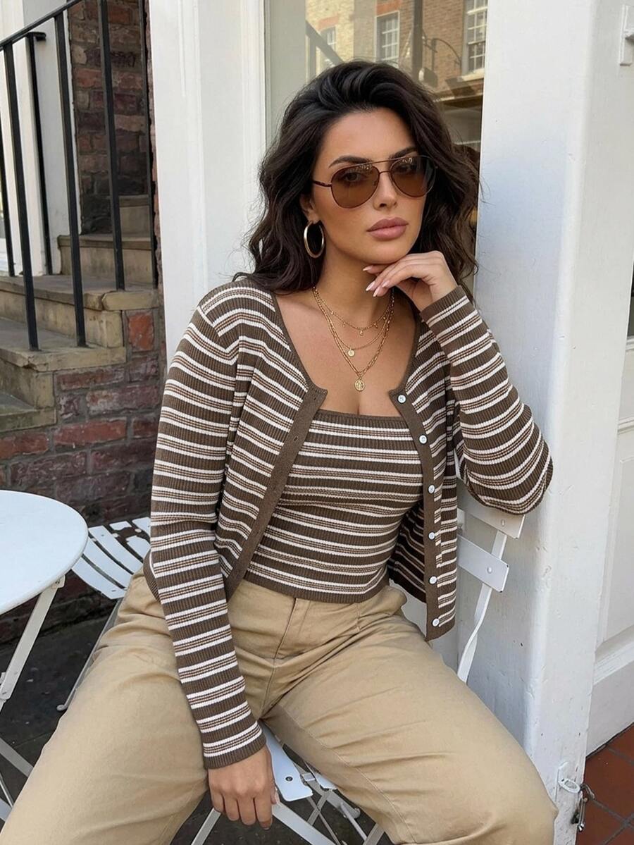 Dazy Plus Contrast Striped Fitted Camisole & Long Sleeve Cardigan Casual Vacation Spring/Autumn Sweater 2 Pieces Set - Brown - View 1