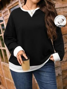EMERY ROSE Plus Size Casual Soft Form Racing Minimalist Colorblock 2 In 1 Sweatshirt Semi Formal Office Vacation Formal Teacher Black And White Autumn Fall - Black - View 1