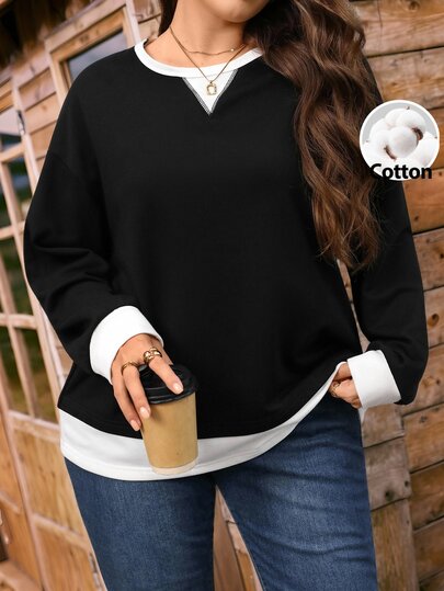 EMERY ROSE Plus Size Casual Soft Form Racing Minimalist Colorblock 2 In 1 Sweatshirt Semi Formal Office Vacation Formal Teacher Black And White Autumn Fall