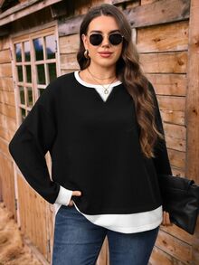 EMERY ROSE Plus Size Casual Soft Form Racing Minimalist Colorblock 2 In 1 Sweatshirt Semi Formal Office Vacation Formal Teacher Black And White Autumn Fall - Black - View 9