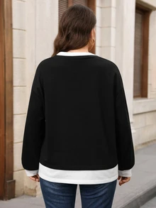 EMERY ROSE Plus Size Casual Soft Form Racing Minimalist Colorblock 2 In 1 Sweatshirt Semi Formal Office Vacation Formal Teacher Black And White Autumn Fall - Black - View 3